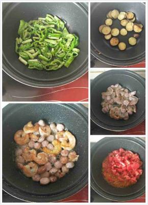 将青椒，茄子，黑胡椒鲜肉肠，虾用油煎一下。煎至食材金黄，西红柿炒至汤汁浓稠。