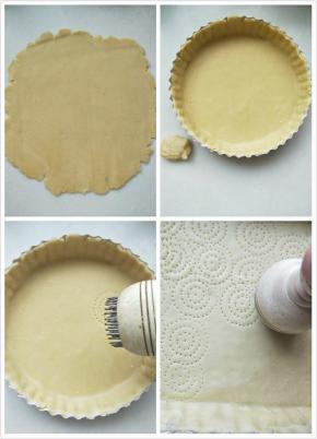 用擀面杖擀成比模具略大的圆形 ，覆盖在模具上面，稍微整整形，用擀面杖把周围多余的边压除，用专用模具叉出小洞。