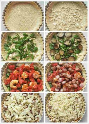 先放入一层酥粒，依次放入青椒，茄子，西红柿，虾，珍妮珍馐黑胡椒鲜肉肠，放上马苏里拉芝士，最上面铺满酥粒。190度表面酥粒变为金黄色即可。