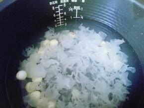 电饭煲中加入冷水，倒入泡发的银耳和莲子(银耳撕小块)