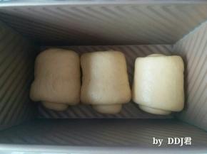 我手残党，整形整的不好。。全都卷好后放入土司盒，把土司盒放烤箱进行二次发酵，烤箱里放盘热水