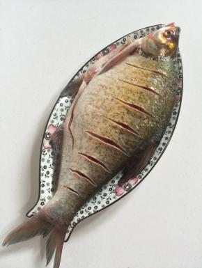 武昌鱼刮去鱼鳞片，去掉内脏，清洗干净后，鱼身子划斜刀，均匀涂抹一层盐腌制30分钟备用！