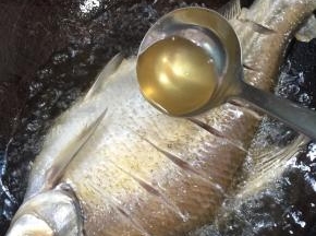 锅烧热倒入适量的油烧至七成热，放入擦干水分的武昌鱼，中小火慢慢的煎，边煎边用勺子把热油浇到鱼身上，这样煎出来的鱼皮就会很完整，不会破皮哦！