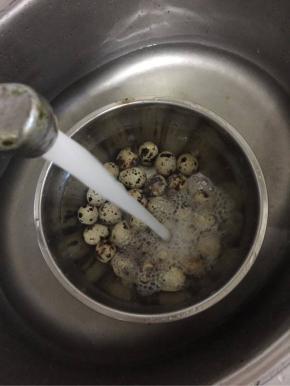 煮熟的鹌鹑蛋迅速的放在冷水中浸泡数分钟，这样可以使鹌鹑蛋剥皮更容易。
