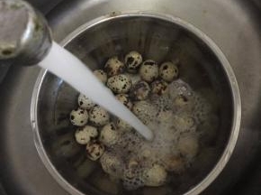 煮熟的鹌鹑蛋迅速的放在冷水中浸泡数分钟，这样可以使鹌鹑蛋剥皮更容易。
