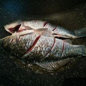 不粘锅放适量油，放入鲫鱼，中火煎，（鲫鱼可以用厨房纸巾吸干水份，）