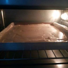 烤盘铺一层烤纸，倒入面糊（我用的28*28的方形烤盘，用刮刀将表面刮平，烤盘垂直震一下，震出大气泡，烤箱150度预热10分钟，中层，上下火烤30分钟，