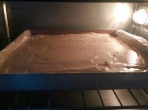 烤盘铺一层烤纸，倒入面糊（我用的28*28的方形烤盘，用刮刀将表面刮平，烤盘垂直震一下，震出大气泡，烤箱150度预热10分钟，中层，上下火烤30分钟，