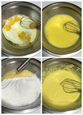 蛋黄里倒入玉米油和牛奶，加10克糖翻拌均匀，筛入低粉用手动打蛋器搅均至无颗粒