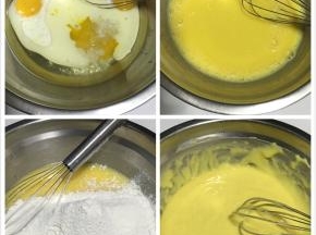 蛋黄里倒入玉米油和牛奶，加10克糖翻拌均匀，筛入低粉用手动打蛋器搅均至无颗粒