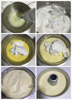 蛋清滴入几滴白醋去除蛋腥味，剩余的糖分3次倒入蛋清里打发，打发至硬性发泡 ，烤箱175度预热5分钟，取一半蛋白和蛋糊用翻拌、切拌的手法拌匀，不能画圈圈，以免消泡 ，再把剩下的蛋白和蛋糊翻拌均匀，倒入模具里，轻震两下，震出气泡