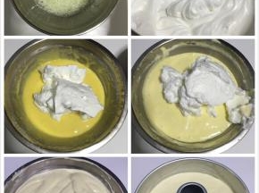蛋清滴入几滴白醋去除蛋腥味，剩余的糖分3次倒入蛋清里打发，打发至硬性发泡 ，烤箱175度预热5分钟，取一半蛋白和蛋糊用翻拌、切拌的手法拌匀，不能画圈圈，以免消泡 ，再把剩下的蛋白和蛋糊翻拌均匀，倒入模具里，轻震两下，震出气泡