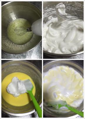 蛋清加2滴醋或者柠檬汁去除蛋腥味，糖分三次倒入，用电动打蛋器打发，打发出大弯钩即可，打开烤箱170度预热5分钟，取一半蛋白和蛋黄糊翻拌均匀，再把剩下的蛋白混合翻拌均匀