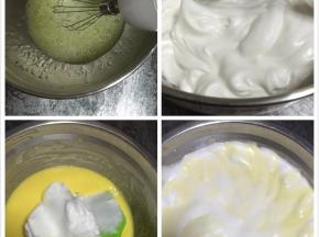 蛋清加2滴醋或者柠檬汁去除蛋腥味，糖分三次倒入，用电动打蛋器打发，打发出大弯钩即可，打开烤箱170度预热5分钟，取一半蛋白和蛋黄糊翻拌均匀，再把剩下的蛋白混合翻拌均匀