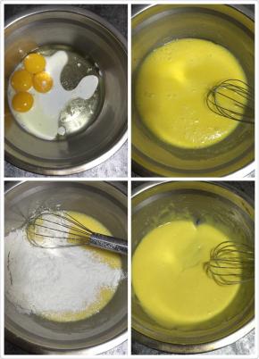 蛋黄里加入玉米油，牛奶，10g糖，用手动打蛋器搅匀，筛入低筋面粉，用蛋抽搅匀至无颗粒