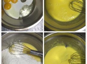 蛋黄里加入玉米油，牛奶，10g糖，用手动打蛋器搅匀，筛入低筋面粉，用蛋抽搅匀至无颗粒