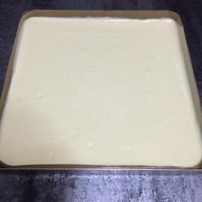 金盘里放入油布，蛋糊倒入模具里，铺平轻震两下，震出大气泡，放入烤箱中层烤25分钟