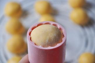 取一个小球也裹上少许糯米粉，装入法焙客月饼模。（提前给模具做防粘处理，在里面涂一层糯米粉，涂好后轻轻拍掉多余的粉。）