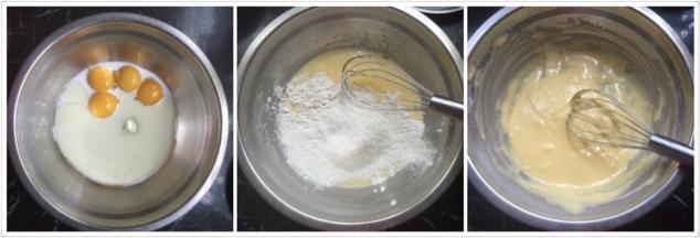 准备两个干净无水无油的盆，将鸡蛋分离，蛋黄盆里倒入玉米油和牛奶翻拌均匀，筛入低粉翻拌均匀放一边备用