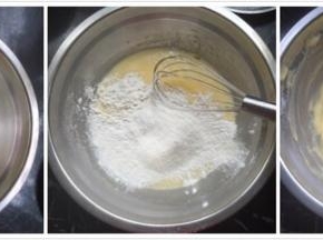 准备两个干净无水无油的盆，将鸡蛋分离，蛋黄盆里倒入玉米油和牛奶翻拌均匀，筛入低粉翻拌均匀放一边备用