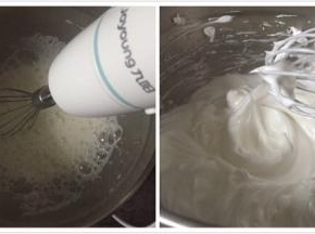 蛋清放入另一个干净盆里，打发蛋清，滴入几滴白醋去除蛋腥味，糖分3次倒入蛋清里打发，打发至硬性发泡