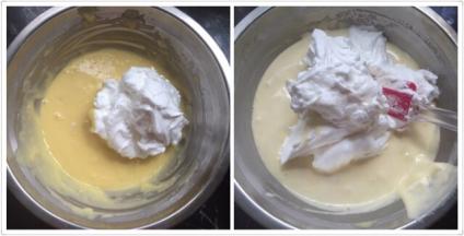 取一半蛋白和蛋糊用翻拌、切拌的手法拌匀，不能画圈圈，以免消泡，再把剩下的蛋白和蛋糊翻拌均匀，打开烤箱，150度预热5分钟