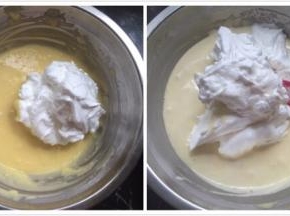 取一半蛋白和蛋糊用翻拌、切拌的手法拌匀，不能画圈圈，以免消泡，再把剩下的蛋白和蛋糊翻拌均匀，打开烤箱，150度预热5分钟