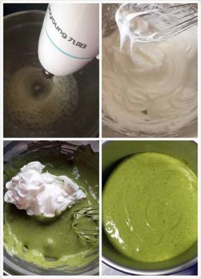 蛋清加2滴醋去除蛋腥味，糖分三次倒入，用电动打蛋器打发，打发出短三角即可，打开烤箱170度预热5分钟 
取一半蛋白和抹茶糊翻拌均匀，再把剩下的蛋白混合翻拌均匀