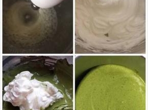 蛋清加2滴醋去除蛋腥味，糖分三次倒入，用电动打蛋器打发，打发出短三角即可，打开烤箱170度预热5分钟 
取一半蛋白和抹茶糊翻拌均匀，再把剩下的蛋白混合翻拌均匀
