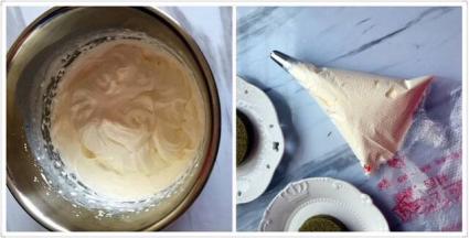 淡奶油加糖打发，打到有8成发，有明显纹路即可，装入裱花袋，用的8齿裱花嘴 
蛋糕烤好取出倒扣晾凉，用圆形模具压出圆形蛋糕片