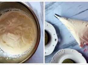 淡奶油加糖打发，打到有8成发，有明显纹路即可，装入裱花袋，用的8齿裱花嘴 
蛋糕烤好取出倒扣晾凉，用圆形模具压出圆形蛋糕片