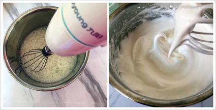 蛋清加2滴醋去除蛋腥味，糖分三次倒入，用电动打蛋器打发至湿性发泡，拉出弯钩即可，打开烤箱170度预热5分钟