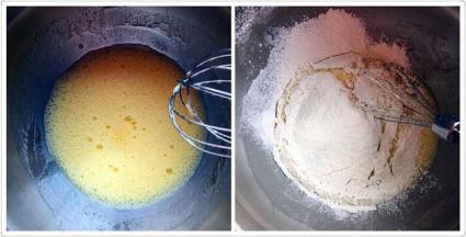 蛋黄里加入玉米油，水，用手动打蛋器搅匀，筛入低筋面粉，用蛋抽搅匀至无颗粒