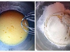 蛋黄里加入玉米油，水，用手动打蛋器搅匀，筛入低筋面粉，用蛋抽搅匀至无颗粒