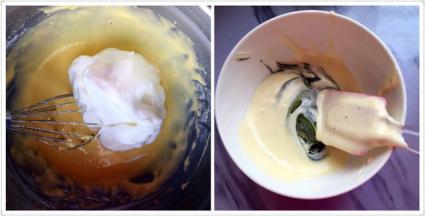 取一半蛋白和蛋糊翻拌均匀，再把剩下的蛋白混合翻拌均匀，