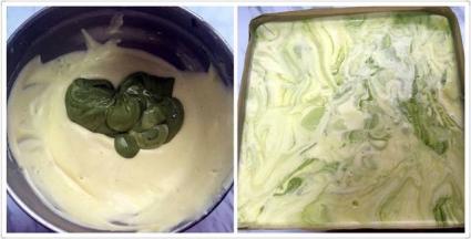 取少量拌好的蛋糊和抹茶翻拌均匀，拌好后再倒入蛋糊，用刮刀拌两下就好，不易多拌，烤盘铺上油纸，倒入烤盘里震出大气泡，放入烤箱中层170度烤20分钟