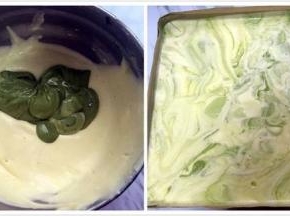 取少量拌好的蛋糊和抹茶翻拌均匀，拌好后再倒入蛋糊，用刮刀拌两下就好，不易多拌，烤盘铺上油纸，倒入烤盘里震出大气泡，放入烤箱中层170度烤20分钟