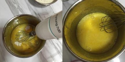 鸡蛋打入打蛋盆里，倒入全部糖，用打蛋器打匀，使糖融化，不需要打发