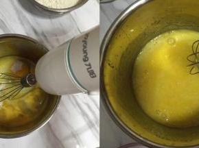 鸡蛋打入打蛋盆里，倒入全部糖，用打蛋器打匀，使糖融化，不需要打发