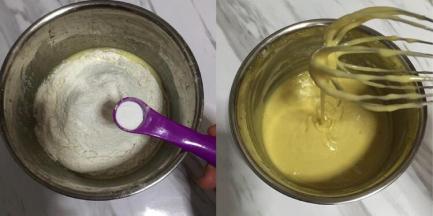 面粉过筛，加入泡打粉，用手动打蛋器拌匀