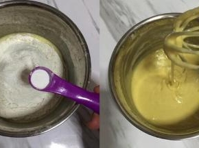 面粉过筛，加入泡打粉，用手动打蛋器拌匀