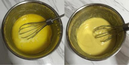 晾凉倒入打蛋盆里，用蛋抽拌匀，不要过度搅拌，使面粉起劲