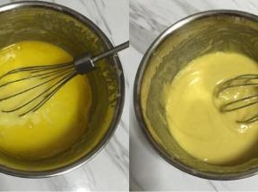 晾凉倒入打蛋盆里，用蛋抽拌匀，不要过度搅拌，使面粉起劲