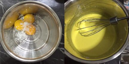 用两个干净无水无油的盆，将鸡蛋分离，蛋黄里加10克糖，用电动打蛋器发至颜色变浅浓稠