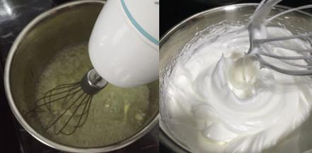 用打蛋器打发蛋清，糖分3次加入，打发至硬性发泡