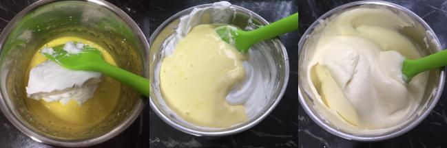 取一半蛋白和蛋黄翻拌均匀，再把剩下的蛋白混合翻拌均匀，打开烤箱175度预热5分钟