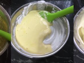 取一半蛋白和蛋黄翻拌均匀，再把剩下的蛋白混合翻拌均匀，打开烤箱175度预热5分钟