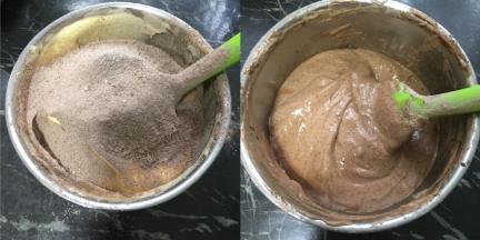 过筛加入蛋糊里用硅胶刮刀快速翻拌均匀