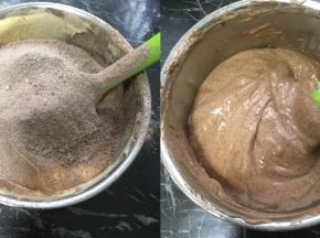 过筛加入蛋糊里用硅胶刮刀快速翻拌均匀