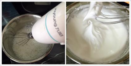 蛋清加2滴醋去除蛋腥味，糖分三次倒入，用电动打蛋器打发，打发出大弯钩即可，打开烤箱170度预热5分钟